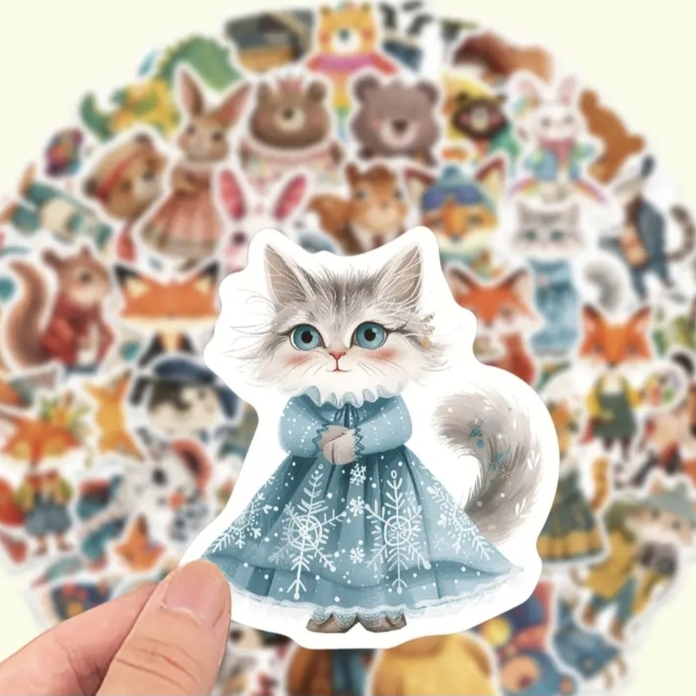 Adorable Cat Sticker in Blue Snowflake Dress